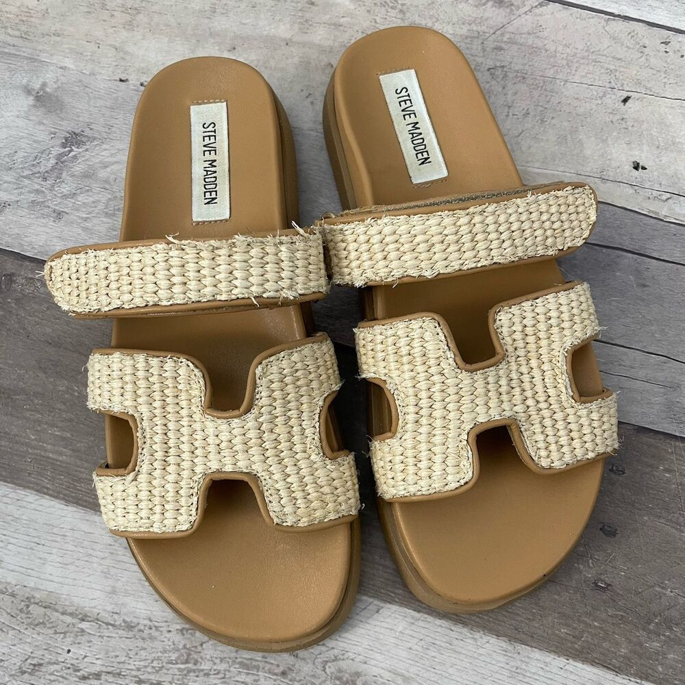 Steve Madden Mayven Raffia Flatform Chunky Slide Sandals US 8 Summer Resort